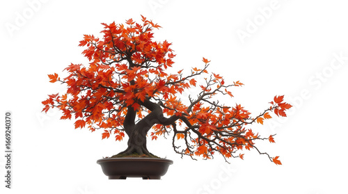 A striking orange maple bonsai tree with vivid autumn leaves sits in a stylish pot enhancing the ambiance of a serene indoor space during fall