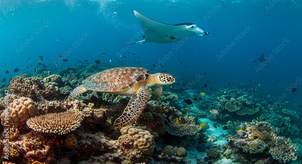 Fototapeta premium A sea turtle rests on coral reef as a manta ray swims above in the clear blue ocean.