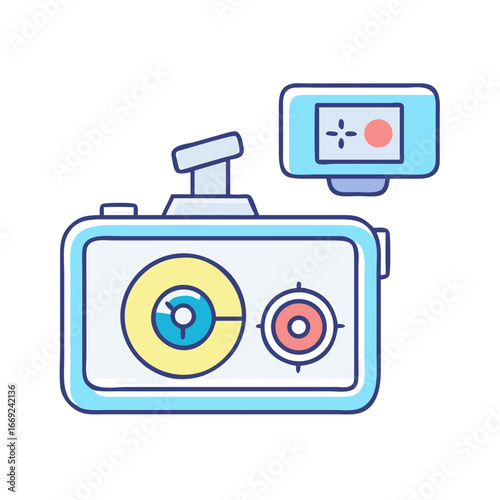 Three distinct modern camera designs with various attachments in a flat vector style