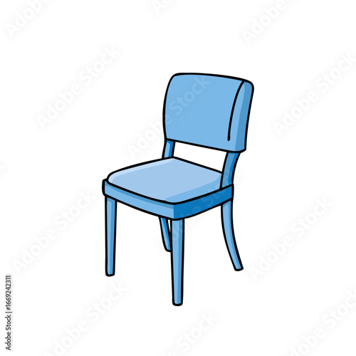 Cartoon illustration of a simple light blue chair with a backrest