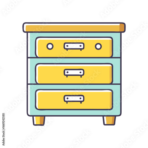 Cute three drawer bedside table in light blue and yellow color palette