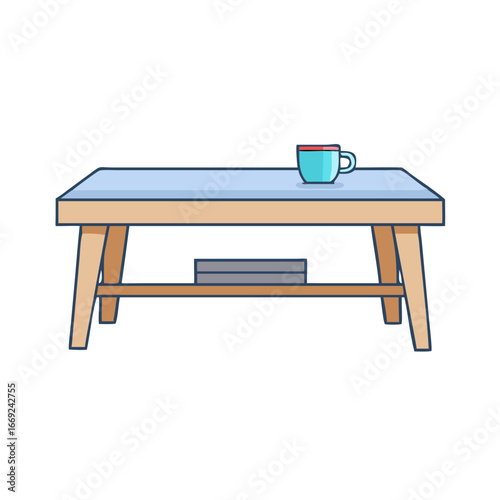 Stylized coffee table with mug and books cartoon vector illustration design