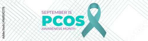 Polycystic Ovary Syndrome (PCOS) Awareness Month is observed every year in September. Teal awareness ribbon and uterus icon. Template for background, banner, card. Important day. Vector illustration
