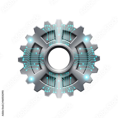 Dynamic metallic gear fused with glowing blue circuitry represents innovation and advanced technology integration