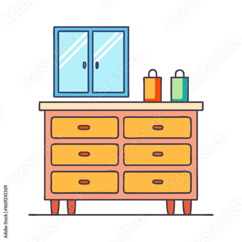Cartoon Style Bedroom Furnishings Including Dresser, Cabinet and Shopping Bags