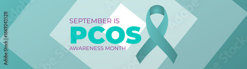 Polycystic Ovary Syndrome (PCOS) Awareness Month is observed every year in September. Teal awareness ribbon and uterus icon. Template for background, banner, card. Important day. Vector illustration