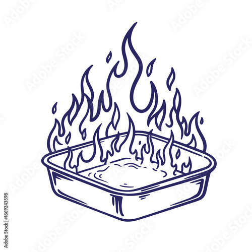 Vector illustration of a burning dish with flames emanating upward in a simple line art