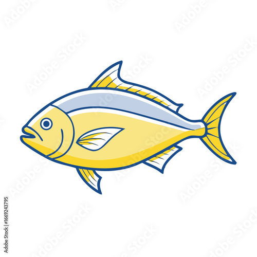 Cartoon yellow fin tuna with blue outline swimming against white background