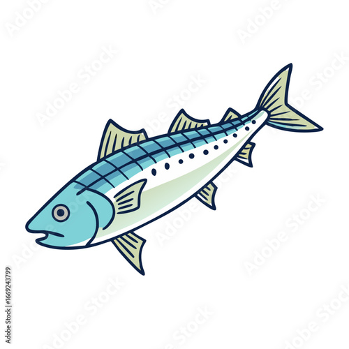 Cartoon style illustration of a mackerel fish swimming on white background