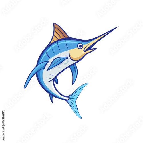 Cartoon Blue Marlin Fish with Large Dorsal Fin Jumping Upwards