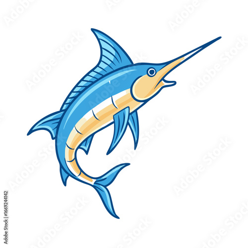 Cartoon Illustration of a Blue Marlin Fish with a Long Swordlike Bill