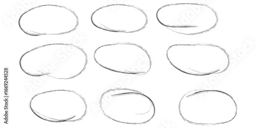 Hand drawn red crayon ovals and circles. Ellipses pencil doodle style set. Red round rough thin frames. Round freehand shapes, emphasis highlights. Vector