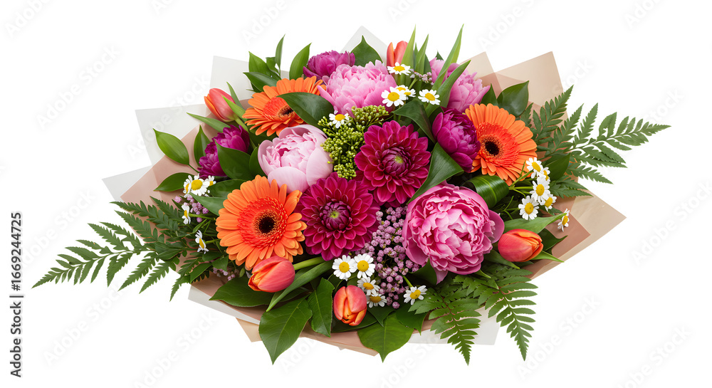 Obraz premium Bright mixed flower bouquet with pink peonies, orange gerberas, and purple chrysanthemums perfect for gifts, weddings, and special occasions