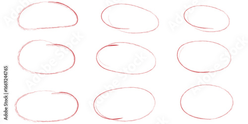 Hand drawn crayon ovals and circles. Ellipses pencil doodle style set. Red round rough thin frames. Round freehand shapes, emphasis highlights. Vector