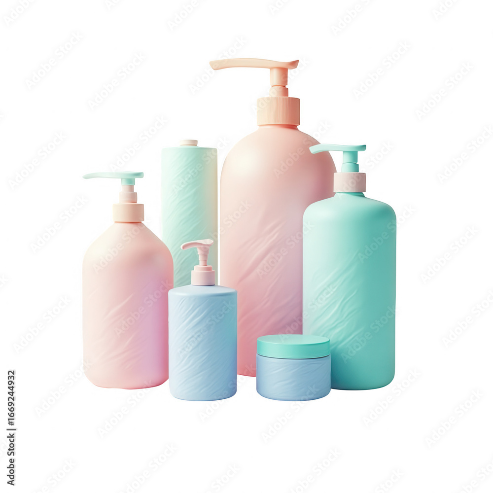 Pastel-colored plastic bottles and jars of various sizes, displaying a textured design, arranged against a black backdrop. Pastel-colored plastic bottles and jars of various sizes, displaying a textured design, arranged against a black backdrop.
