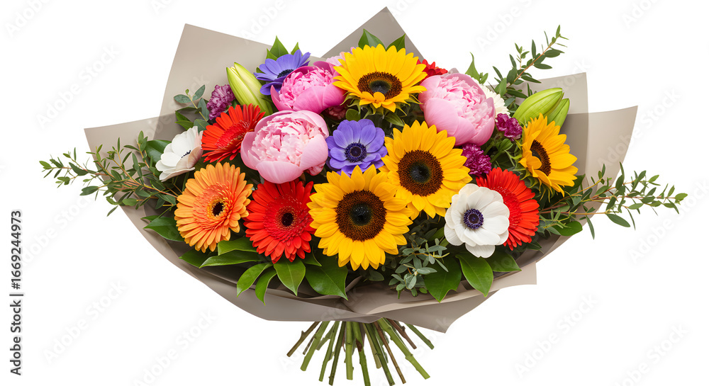 Obraz premium Colorful bouquet of mixed flowers including sunflowers, peonies, gerbera daisies, and anemones wrapped in brown paper, perfect for gifts and celebrations