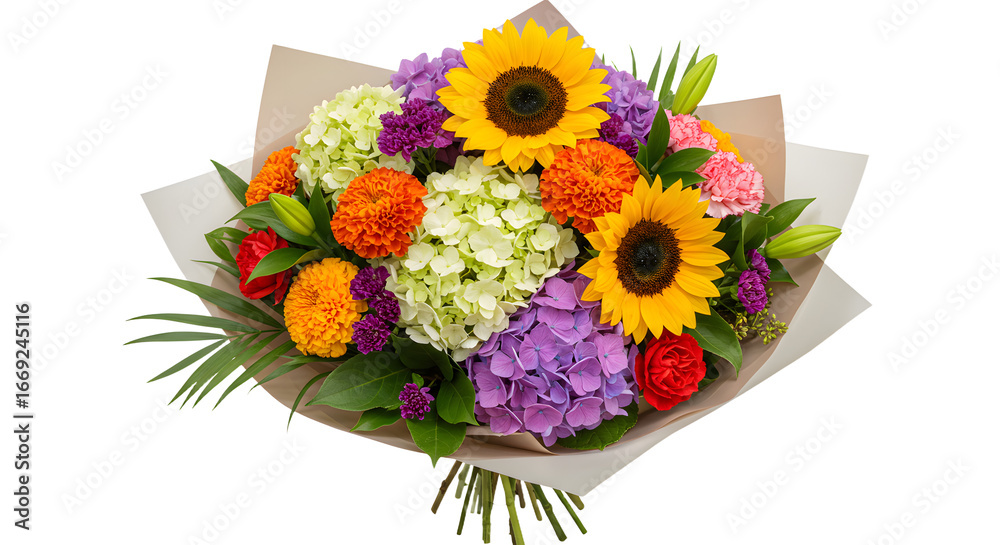 Obraz premium Colorful bouquet of sunflowers, hydrangeas, and marigolds arranged in brown paper, perfect for gifts and special occasions