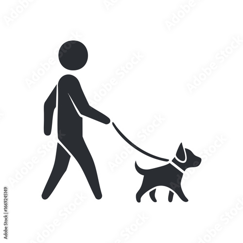 Person Walking Dog Leash Icon. Minimalist graphic portraying an individual taking their animal companion for a promenade. Represents care, daily exercise, and pet guardianship.