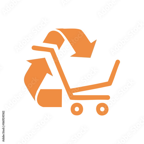 Sustainable Shopping Cart Icon. Vibrant orange emblem merging a retail trolley with arrows, representing conscious commerce and circular economy principles.