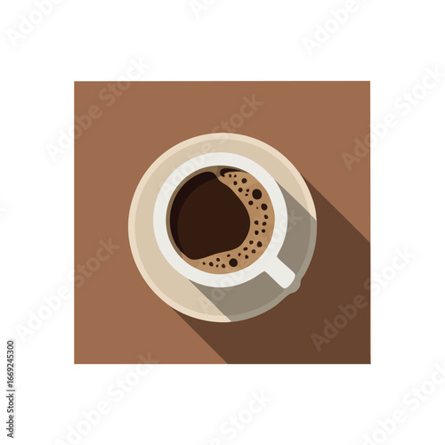 Dark Coffee Overhead Illustration. Stylized top view of a deep, hot espresso with frothy bubbles on a brown background. Represents an invigorating moment or calm contemplation.