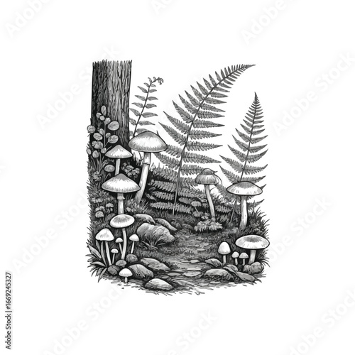 Grayscale Woodland Fungi Scene. Detailed monochrome drawing capturing a serene natural environment. This intricate depiction reveals the quiet mystery of ancient forest life.
