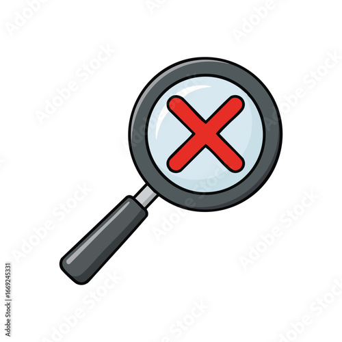 Search Denied Magnifier Illustration. Vibrant graphic depicting a loupe with a cross mark. Represents unsuccessful queries, absent information, or disallowed actions. Ideal for error messages or.