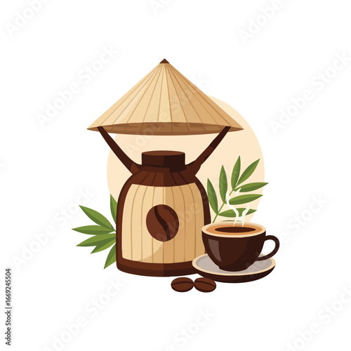 Phin Filter Coffee Illustration. Depicts authentic Vietnamese preparation using a traditional conical hat device and a steaming beverage in a mug. Conveys a cozy cultural ritual.