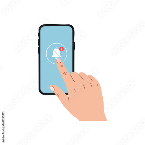 Digital Quiet Mode Activated. A human hand deactivates app notifications on a cellphone display. This visual symbolizes seeking peace, reducing distractions, and achieving digital balance.