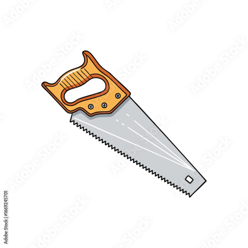 Hand Saw Tool Illustration. This vibrant graphic features a classic carpenters saw, ideal for home improvement or building projects. It symbolizes utility, craft, and constructive effort.