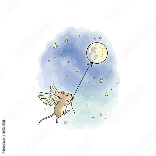 Whimsical Mouse with Celestial Orb. An enchanting illustration depicts a charming rodent with feathery appendages, soaring through the night firmament clutching a luminous planetary sphere. This art.