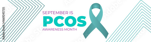 Polycystic Ovary Syndrome (PCOS) Awareness Month is observed every year in September. Teal awareness ribbon and uterus icon. Template for background, banner, card. Important day. Vector illustration