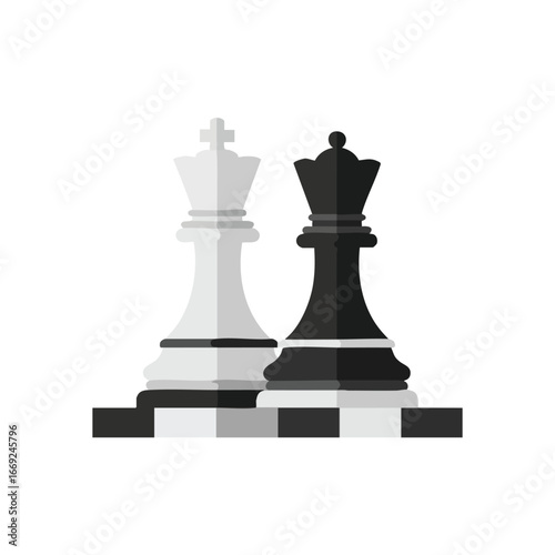 Chess King and Queen Pieces. Stylized graphic of a monarch and consort from a strategic board game. Symbolizes power, intellect, and the duality of opposing forces in competition.