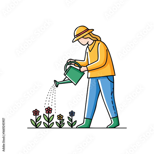 Gardener Watering Floral Plants. A dedicated horticulturist carefully irrigates colorful garden blossoms. This image symbolizes growth, care, and the cultivation of nature.