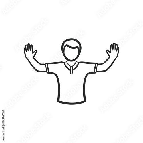 Hands Up Gesture Icon. This minimalist vector portrays an individual with both forearms lifted, revealing open palms. It conveys notions of surrender, questioning, or a referee signal for clear play.