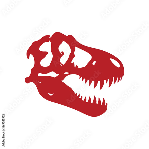 Red Tyrannosaurus Rex Skull Icon. Bold crimson prehistoric dinosaur cranium illustration against a dark backdrop. This powerful image represents ancient history, strength, and primeval nature.