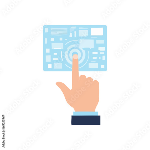 Holographic Interface Touch. A human finger activates an advanced transparent display, symbolizing futuristic concepts, digital innovation, and intuitive interaction.