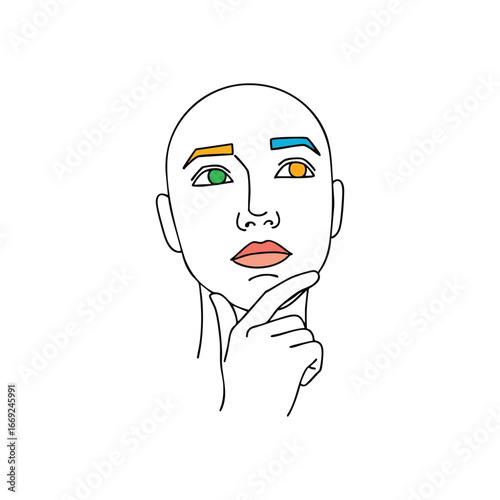 Thinking Mind Abstract Portrait. Conceptual art of deep contemplation and varied perspectives. Minimalist figure features distinct colorful eyes, symbolizing intelligence and future ideas.