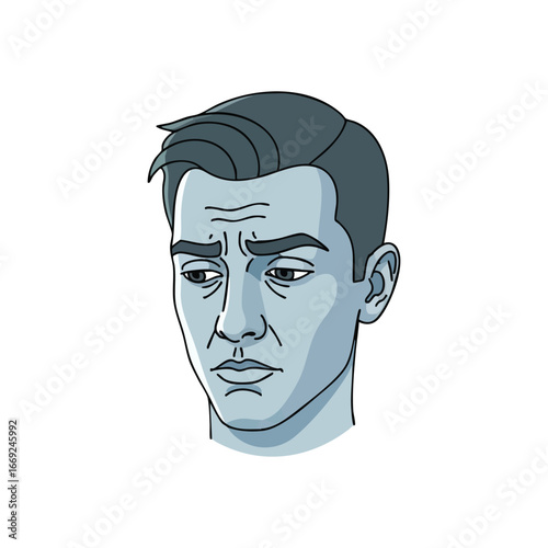 Worried Man Cartoon Face Illustration. Stylized depiction of a male visage, portraying deep concern or distress. His furrowed brows and pensive expression symbolize contemplation and worry.