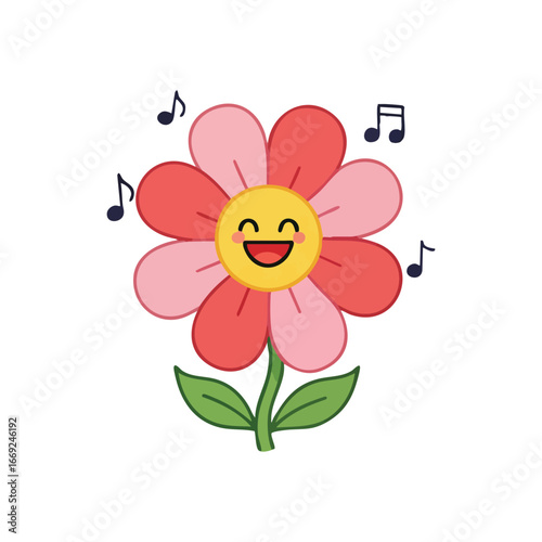 Joyful Blossom with Music Notes. Vibrant floral illustration featuring a smiling bloom surrounded by melodic symbols. This delightful design evokes feelings of happiness and harmony.