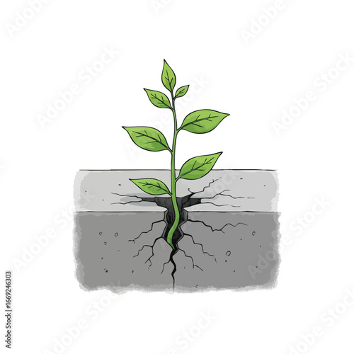 Green Life Breaks Concrete. A vibrant sapling emerges from shattered ground, symbolizing immense power, endurance, and the unstoppable force of natural world overcoming barriers.