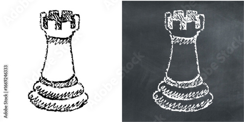 Chalk handdrawn rook chess vector for strategy games, stability, and defense concepts. Useful for illustrating a rustic look for a puzzle or game design.
