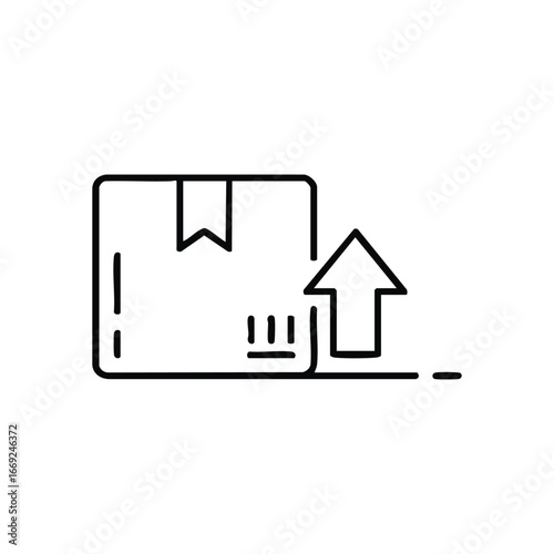 Package Upload Outline Icon. Monochromatic line art emblem symbolizing parcel dispatch or digital content transfer. Excellent for e-commerce and logistics.