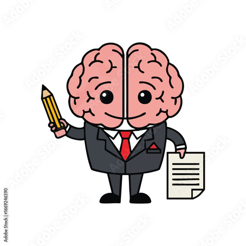 Intelligent Brain Character Writing. Cheerful cerebrum mascot in a suit holds a pen and paper. Represents intellect, creative solutions, professional execution, learning, and business strategy.