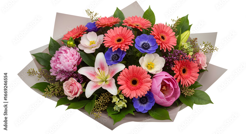 Obraz premium Colorful bouquet of mixed flowers including lilies, roses, gerbera daisies, and anemones on a clear background, perfect for gift giving and celebrations