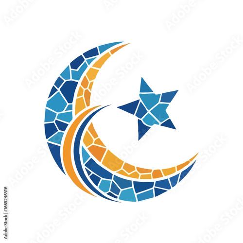 Mosaic Islamic Crescent Star. This artistic design features a celestial symbol, crafted in a colorful fragmented pattern. It beautifully represents spiritual belief and cultural heritage.