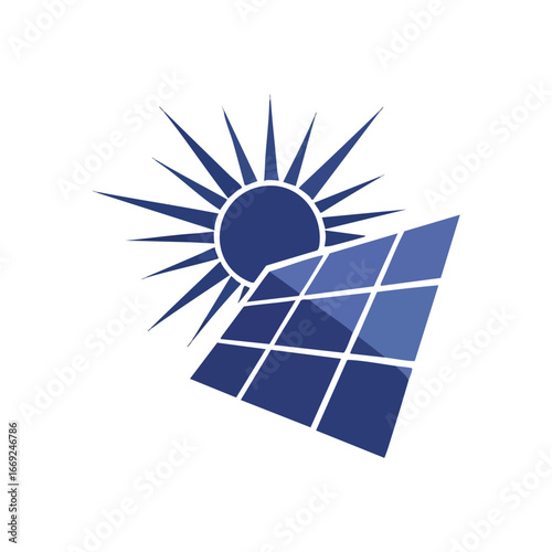 Solar Power System Icon. Stylized photovoltaic array with shining starburst. This emblem signifies clean energy production, sustainable technology, and environmental progress.