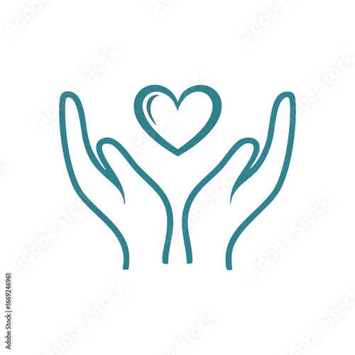 Caring Hands Holding Love Symbol. Elegant illustration of cupped palms embracing a heart, representing deep compassion, emotional wellness, and charitable assistance.