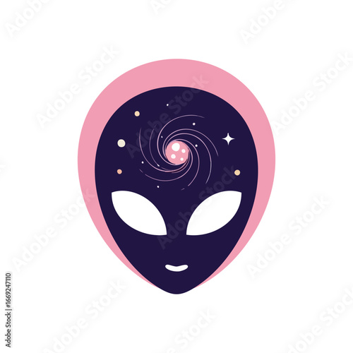 Cosmic Alien Mind. Minimalist extraterrestrial head with a stunning swirling celestial design. Embodies profound universal thoughts and infinite possibilities.