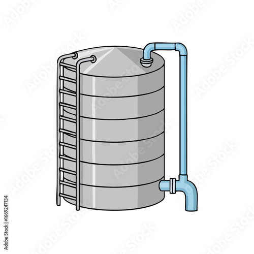 Industrial Storage Tank Vector Icon. This commercial container graphic depicts a large holding vessel with pipes and a ladder, symbolizing efficiency and scale in manufacturing operations.