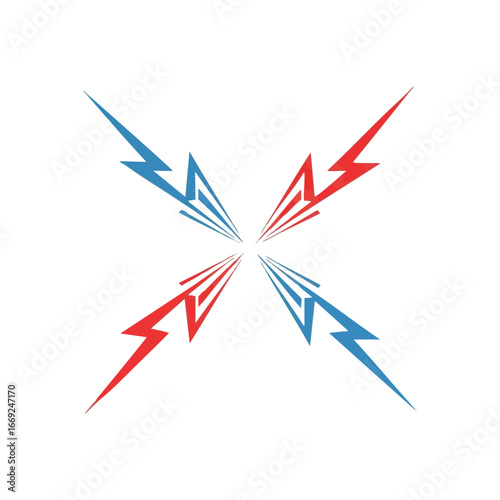 Dynamic Energy Cross Power Symbol. Bold red and blue thunderbolts radiate from a central nexus, forming an impactful X. This abstract graphic symbolizes strong force, opposition, or swift decisive.